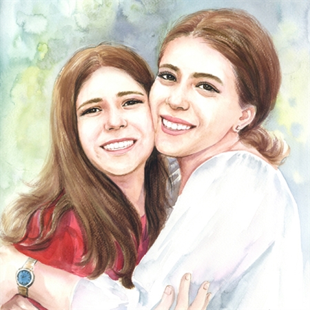 Hand Painted Watercolor Portrait of A Mom Holding Her Teenage Daughter,by myDaVinci - myDaVinci